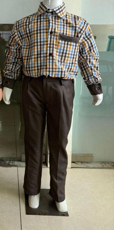 Boys uniform: checked shirt with brown trousers